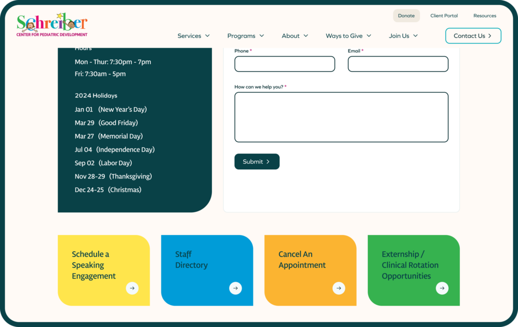 The Schreiber website contact page with multicolored contact blocks for varying user journeys.