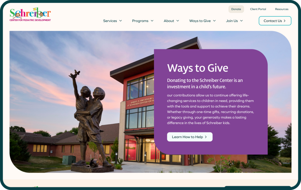 A clip from the Schreiber website featuring and full background image section with content in a brand purple graphic.